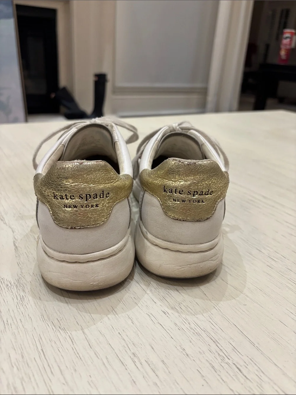 Kate Spade Size 8.5 White Sneakers with Gold Heel Tab